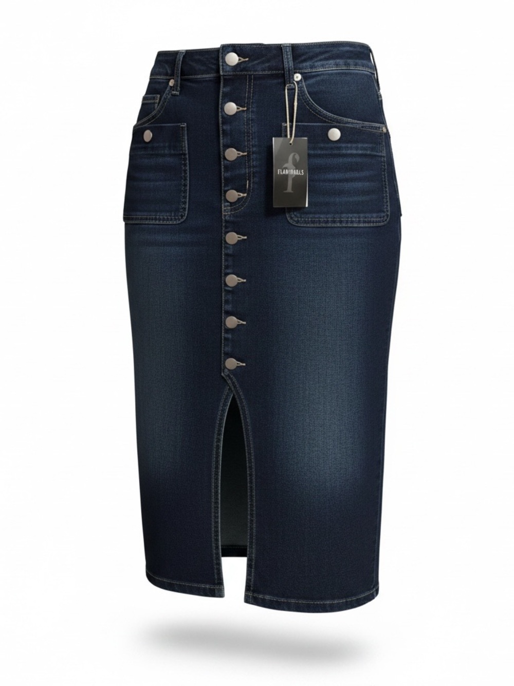 NWT Flamingals Dark Wash Denim Midi Pencil Skirt Button Front Pockets Size Large
